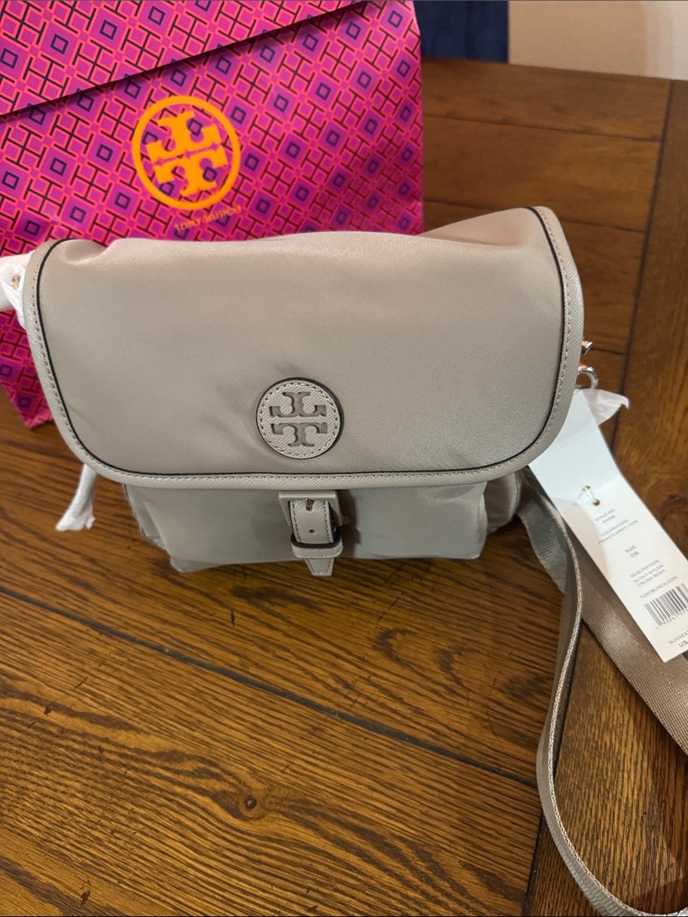 Tory Burch Light Taupe Logo Flap Crossbody, New